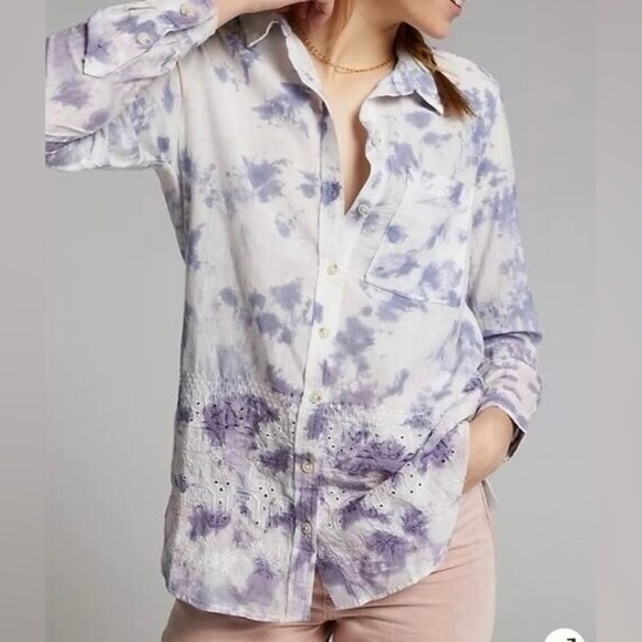 Pilcro Anthropologie The Cate Tie Dye Embroidered Button Down Shirt Size LP - Picture 1 of 12